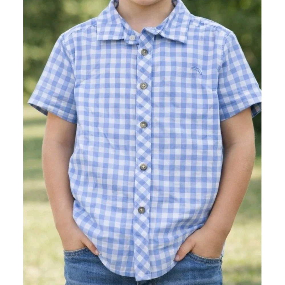 Tommy Bahama Boys SZ‎ 7-8 Blue White Gingham Cotton Button Up Shirt Short Sleeve